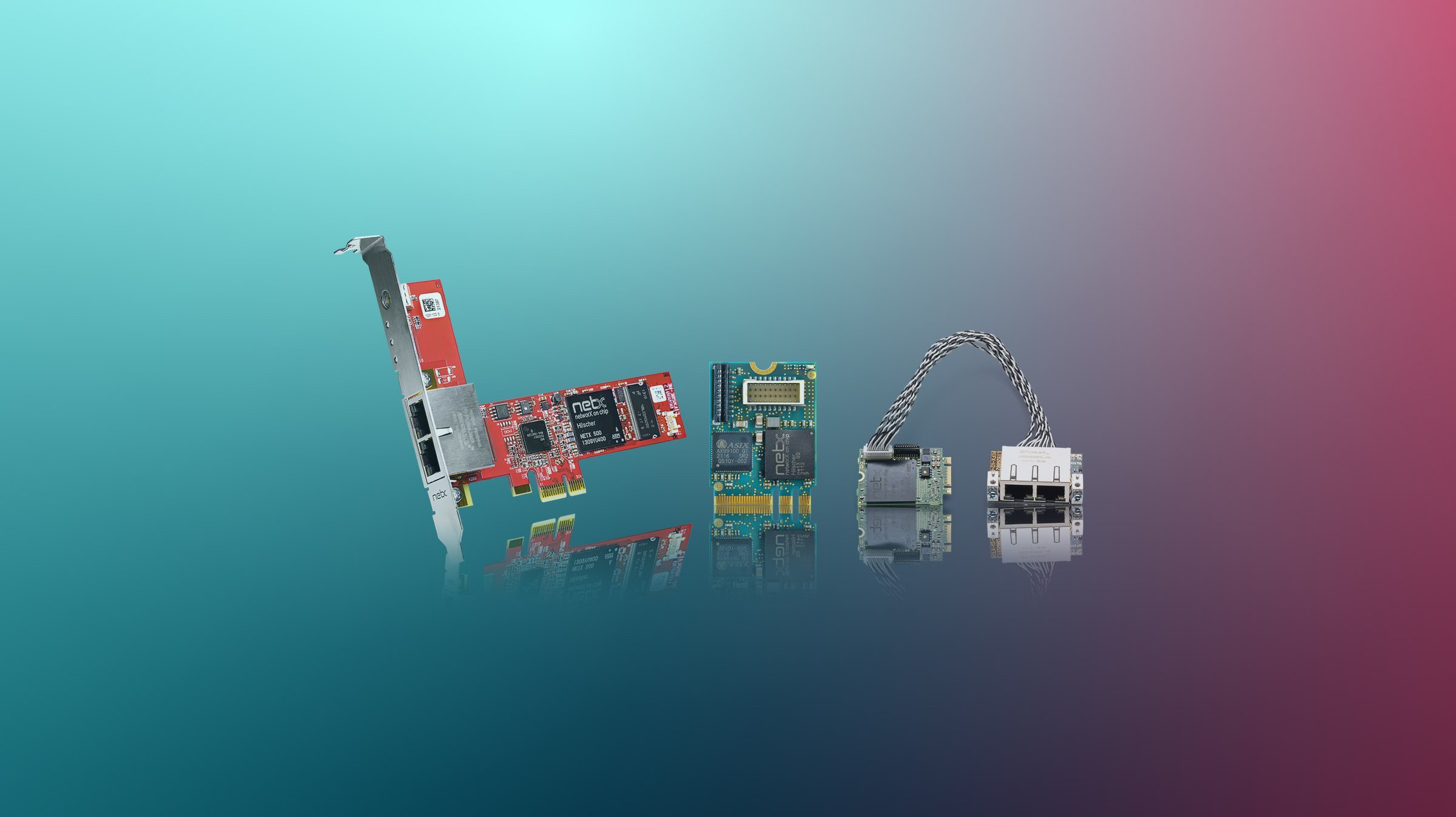 Three PC cards on a colorful background. One has a red PCB while the other two are green. One has an AIFX detached network interface connected to it.