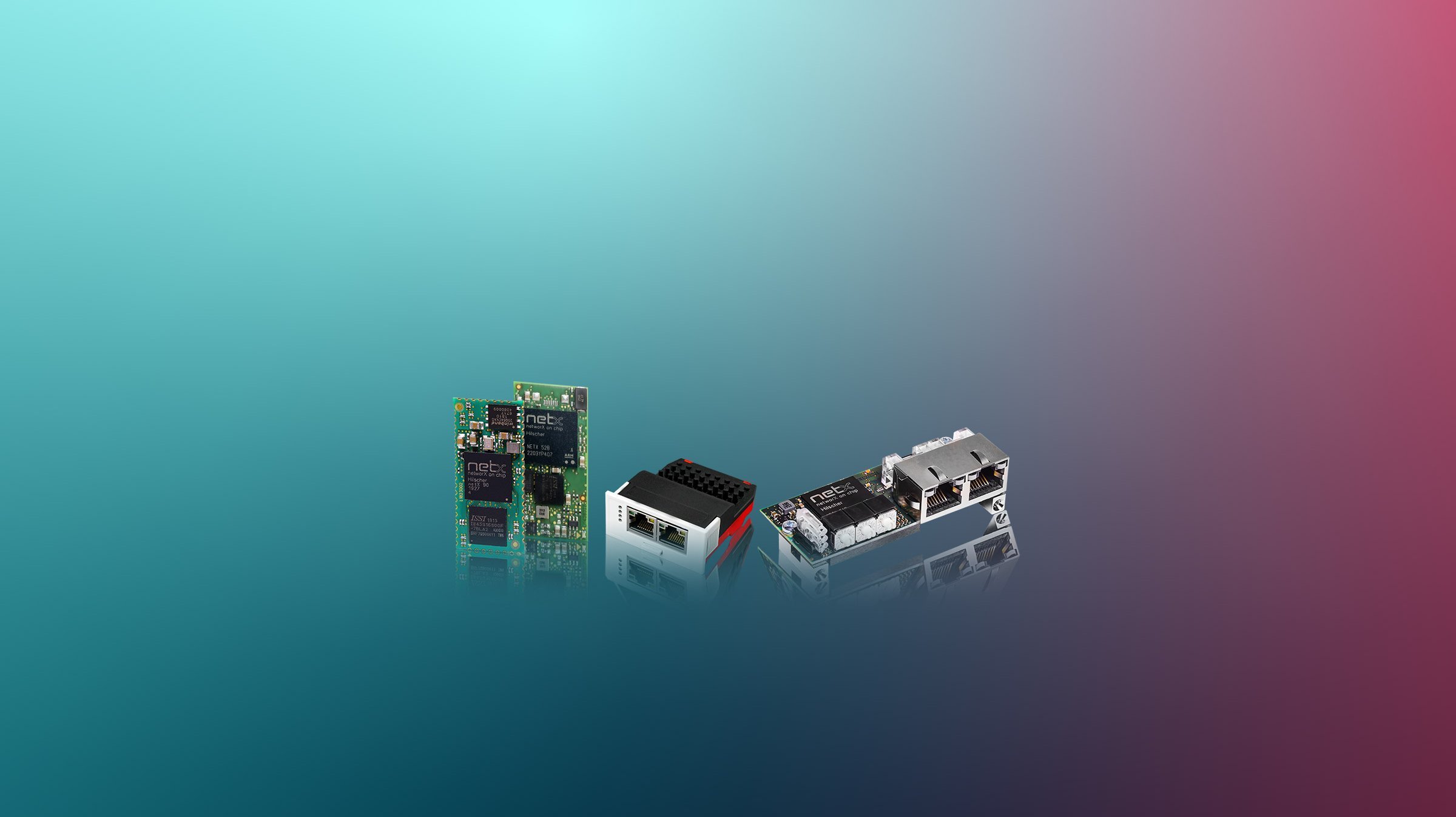 Four different embedded modules from Hilscher on a colorful background. The devices are slightly mirrored on the bottom.