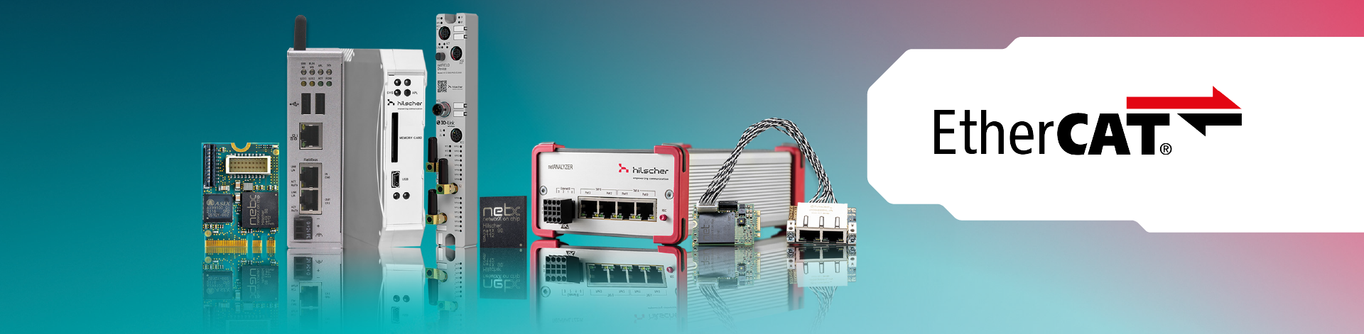 A line of 8 industrial communication products by Hilscher on a blue and red background. On a white area on the right side, there is a EtherCAT logo in black and red.