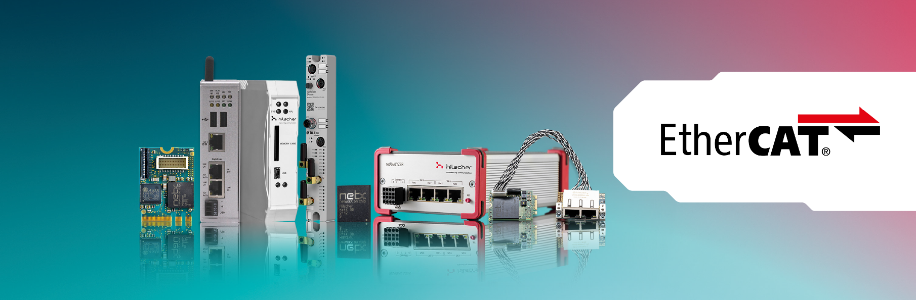 A line of 8 industrial communication products by Hilscher on a blue and red background. On a white area on the right side, there is a EtherCAT logo in black and red.