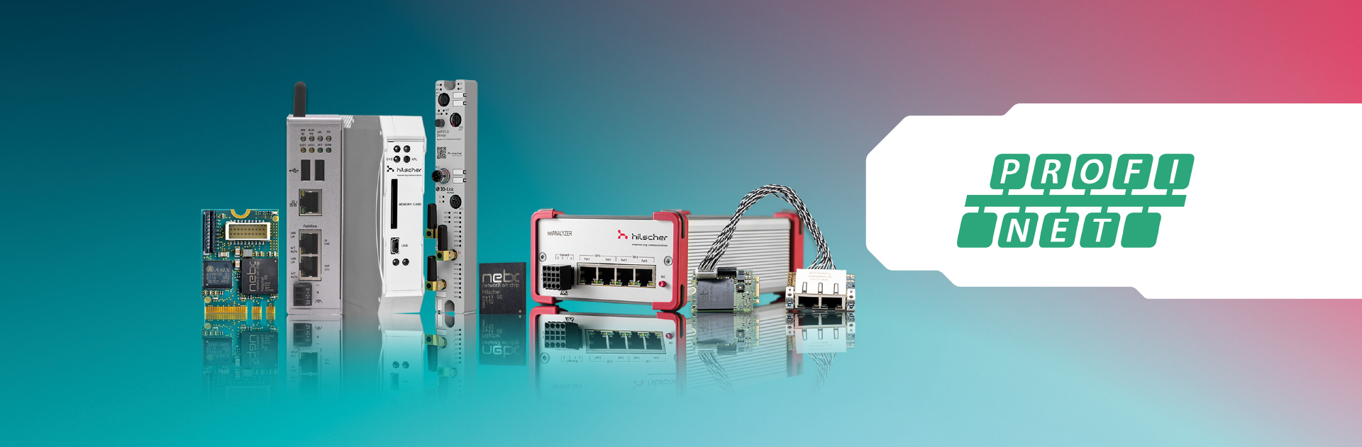 A line of 8 industrial communication products by Hilscher on a blue and red background. On a white area on the right side, there is a PROFINET logo in green.