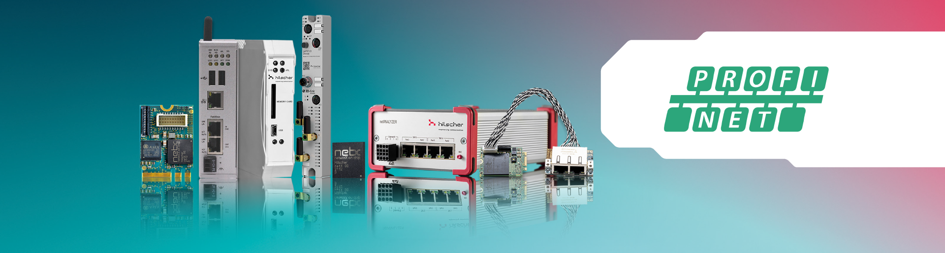 A line of 8 industrial communication products by Hilscher on a blue and red background. On a white area on the right side, there is a PROFINET logo in green.