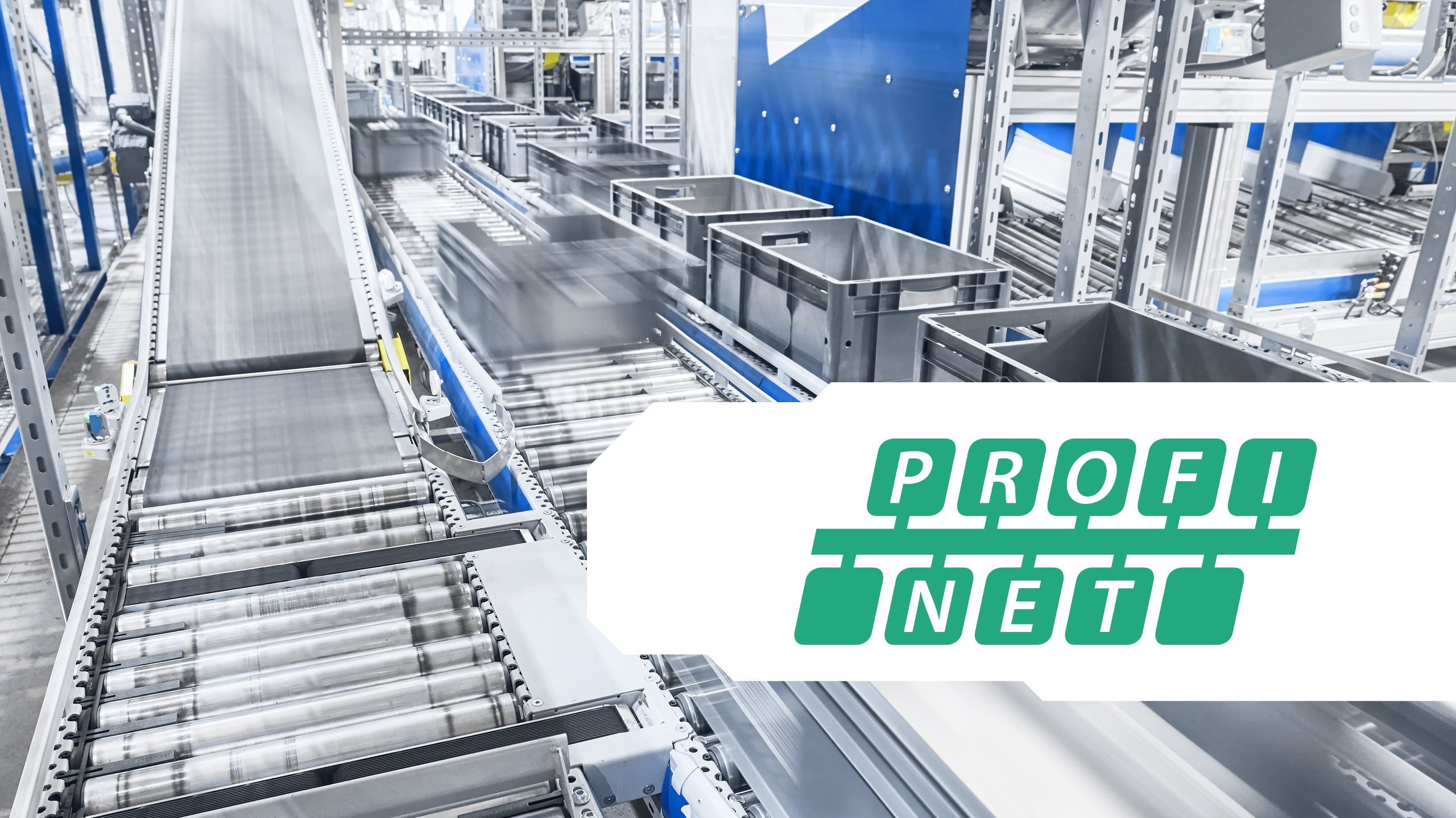 The inside of a factory with a conveyor belt and grey boxes. On the right side is the PROFINET logo.