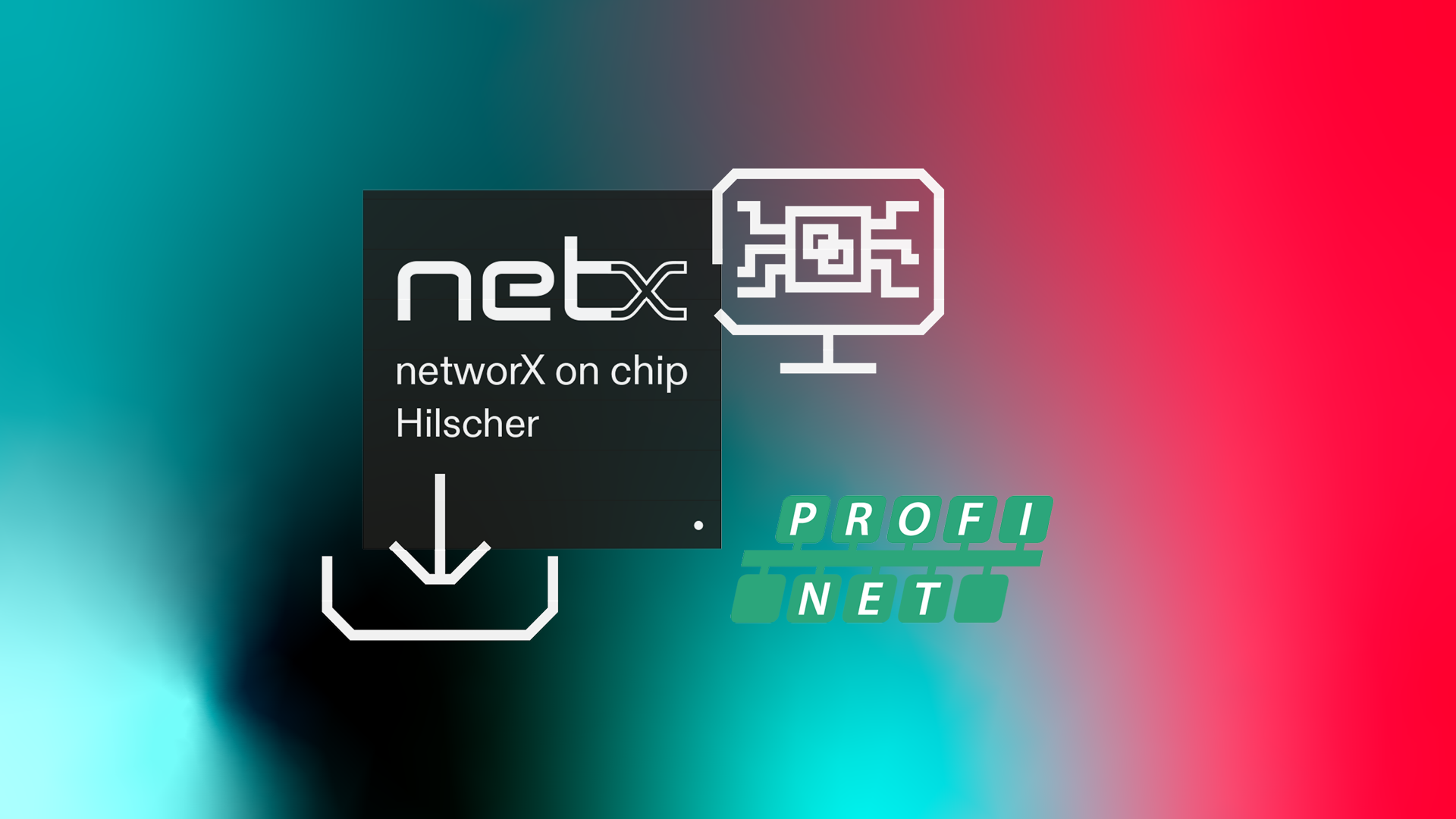 A black square with netX written on it on colorful background. On the right side is a PROFINET logo.