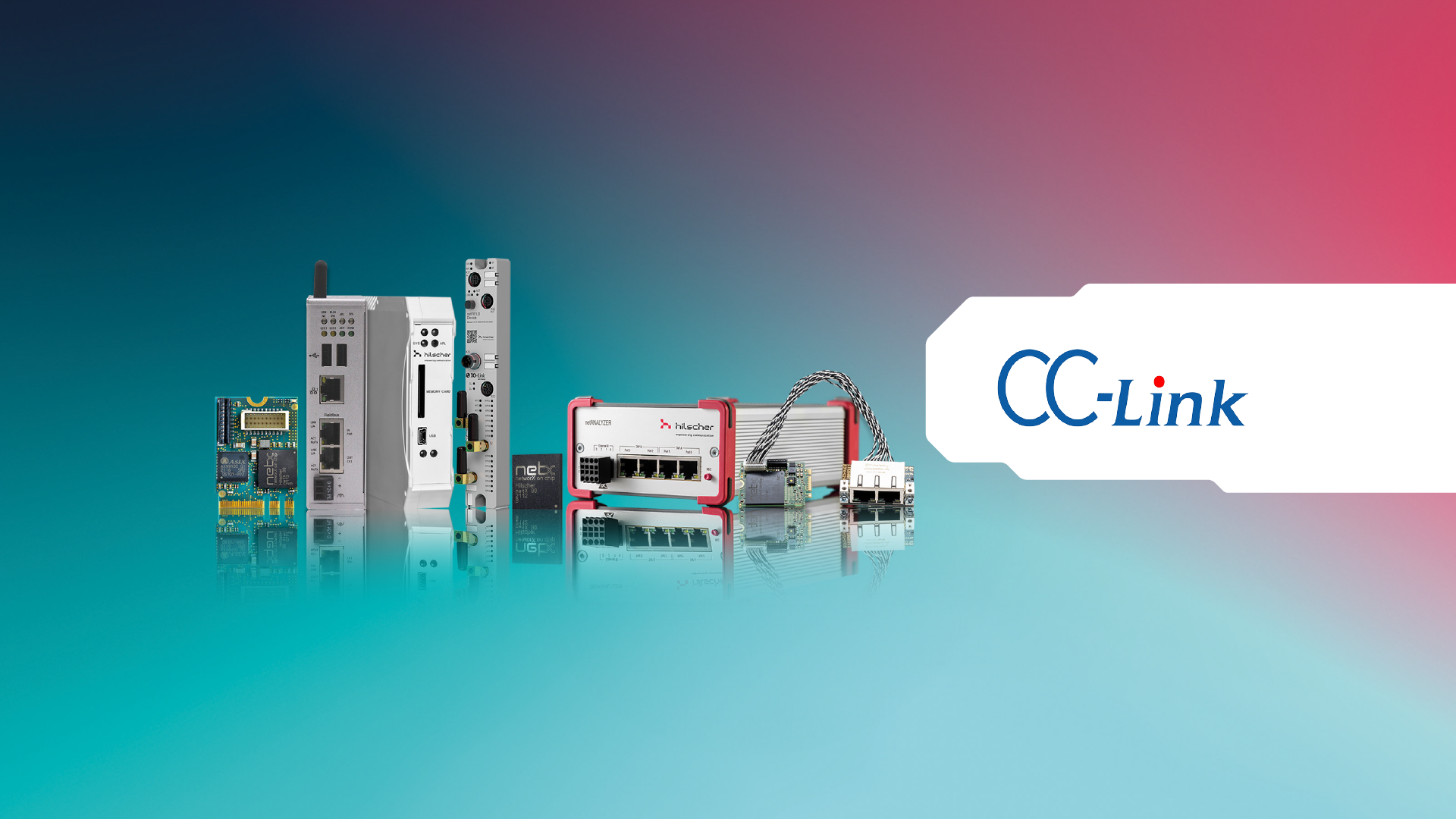 A line of 8 industrial communication products by Hilscher on a blue and red background. On a white area on the right side, there is an CC-Link logo in blue.